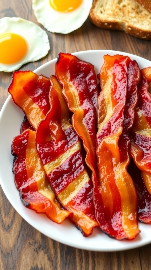 Crispy bacon slices on a plate, cooked in an air fryer, with eggs and toast in the background.